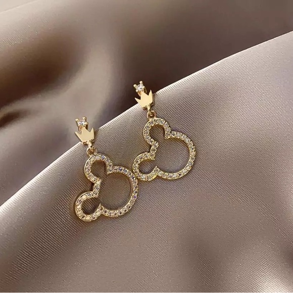 Mickey/Minnie Mouse Disney World Gold Diamond Cute Mini Dangle Gift Earrings - Picture 2 of 6